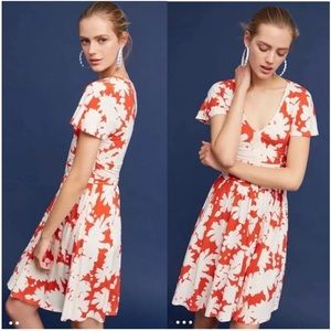 MAEVE Anthropologie Summer Breeze Dress XS Orange/White Rayon Knit Ruched Waist